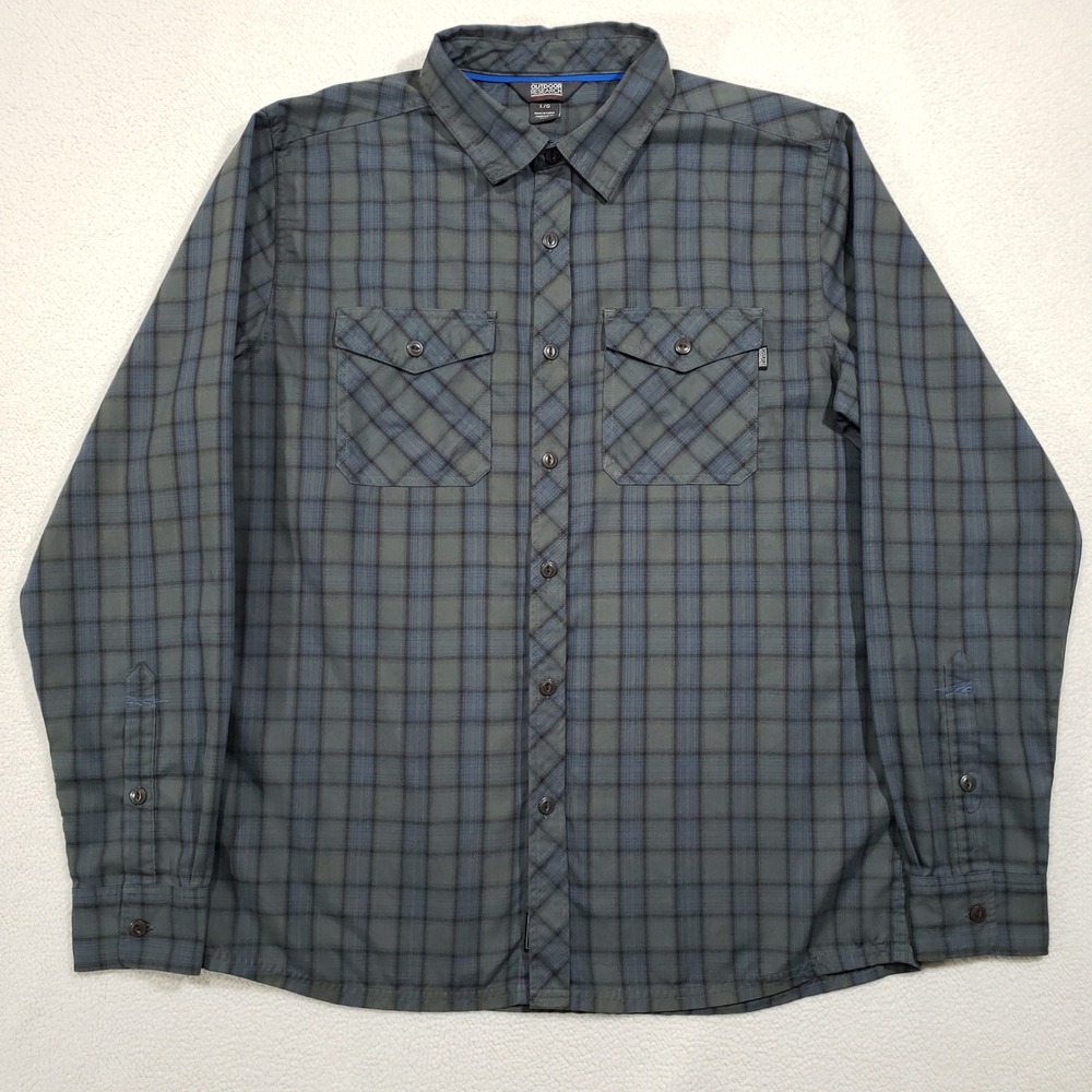 Outdoor Research Button Up Shirt Mens Large Gray Blue Plaid Long Sleeve Hiking